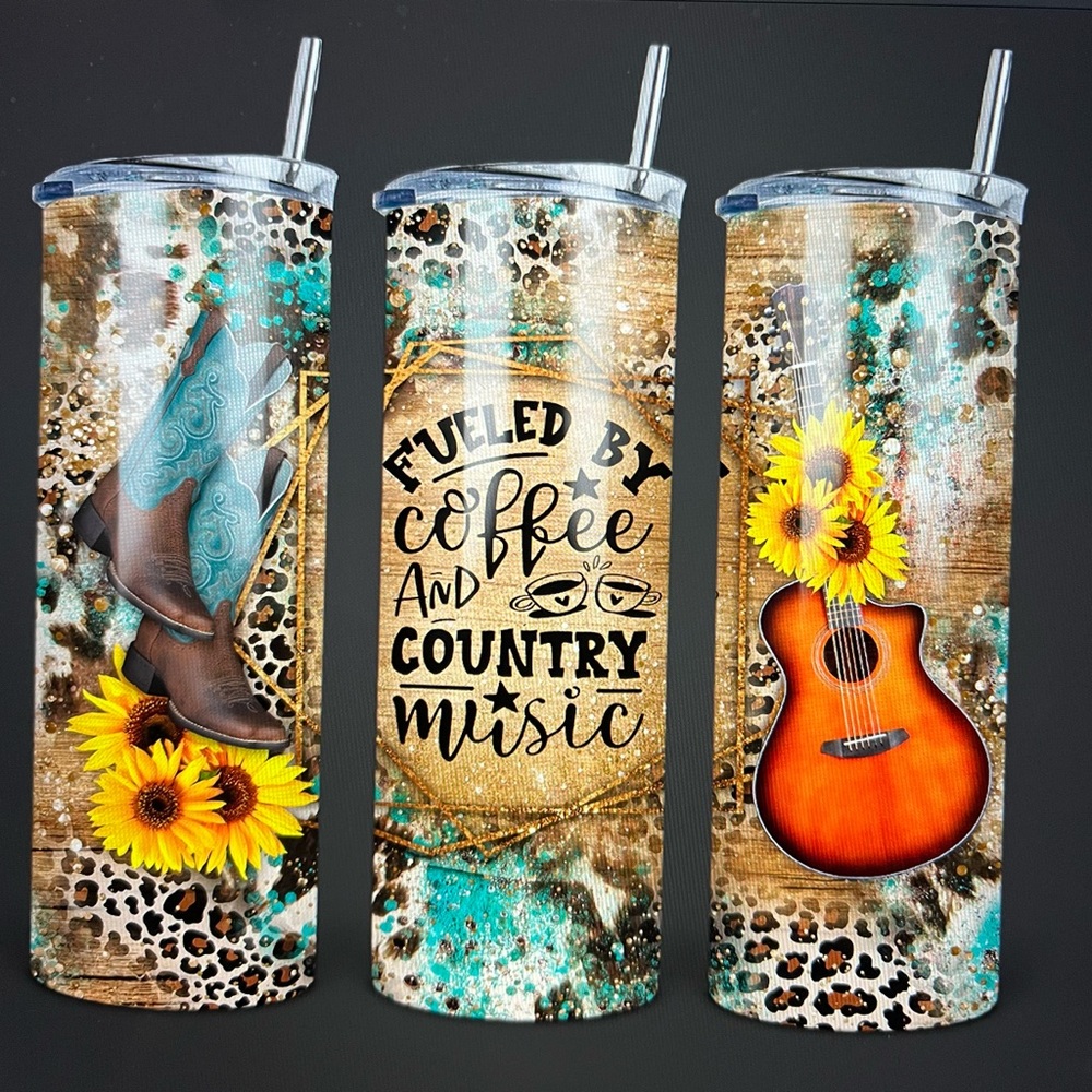 20 Oz “Fueled By Coffee and Country Music” Double Wall Insulated Tumbler